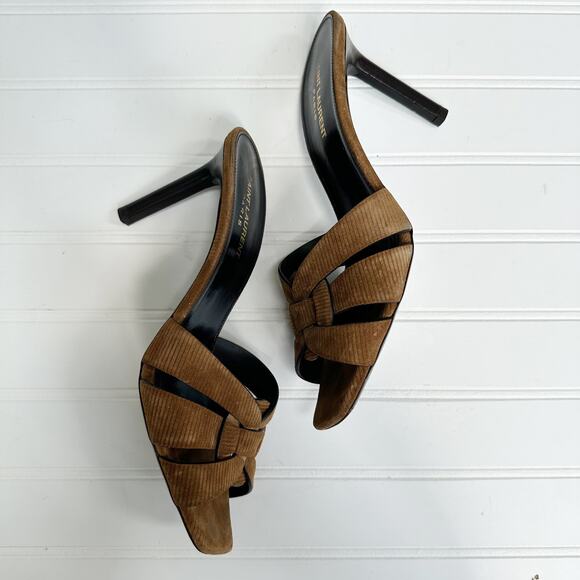 Saint Laurent Tribute 85 Mules Brown Corduroy Woven Heeled Sandals Size 39.5 - Picture 4 of 14